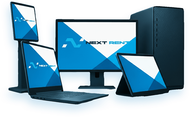 Imagem de dispositivos oferecidos pela Next Rent como Computadores, Notebooks, Tablets e Totens de Atendimento